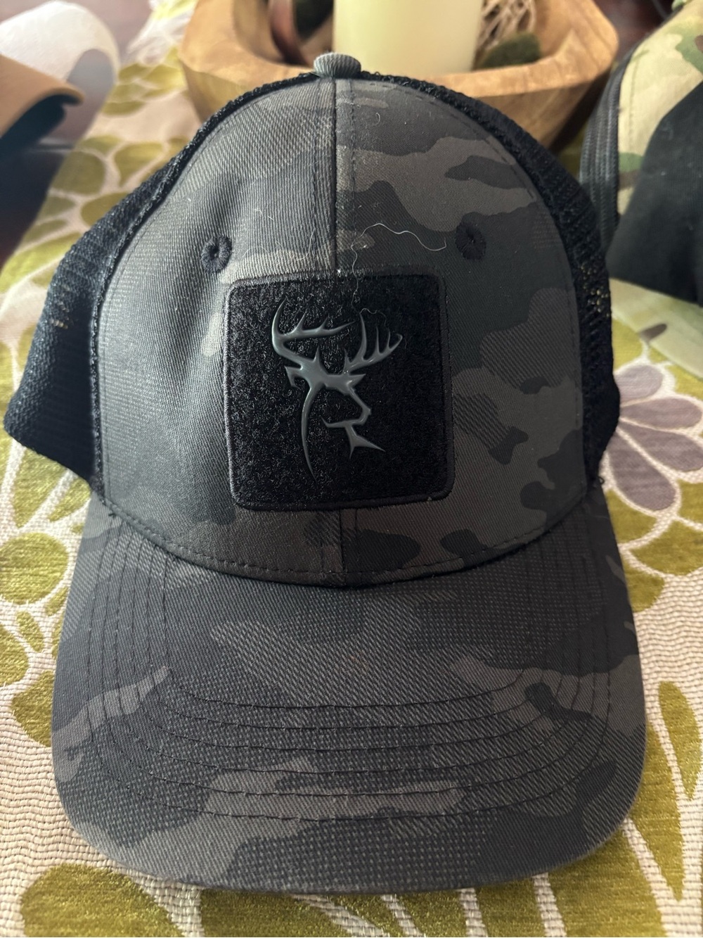 Black Camo Trucker Hat with Deer Patch - Unbranded